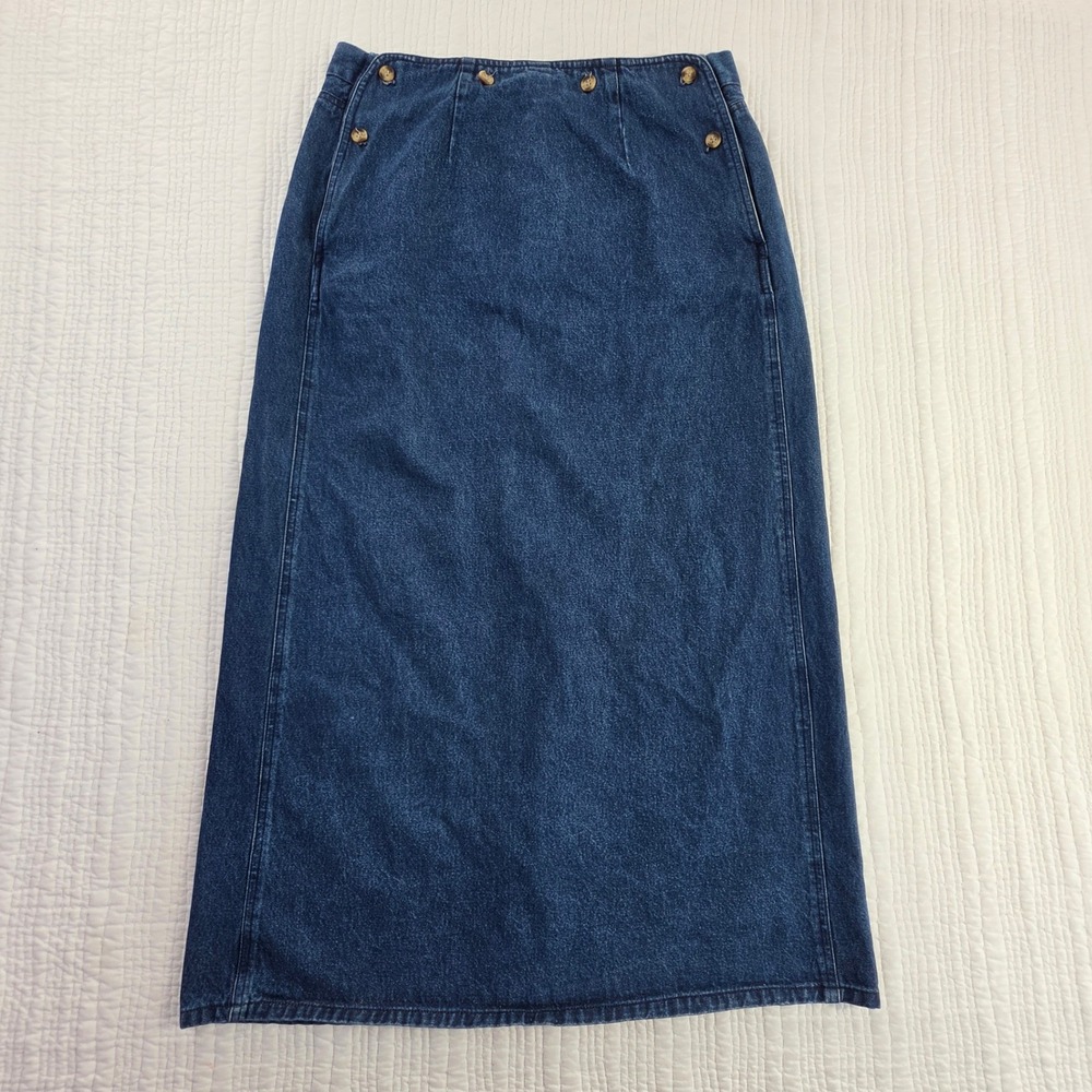 Vintage St Johns Bay Denim Maxi Skirt EUC Blue Cotton Sailor Button Front Sz 14
